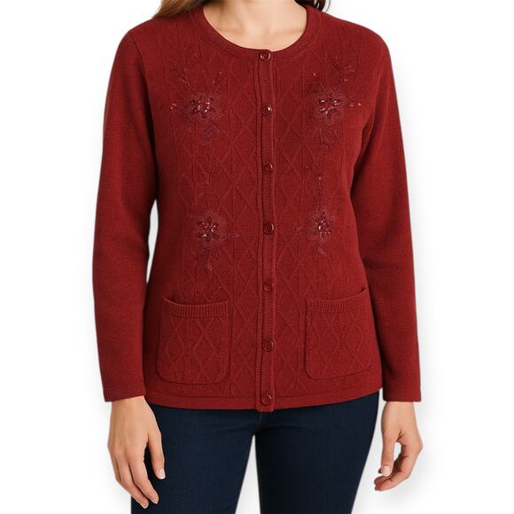 Jenny Red Floral Embroidered Button Up Cardigan Sweater Grandmacore Size Medium - Picture 1 of 8
